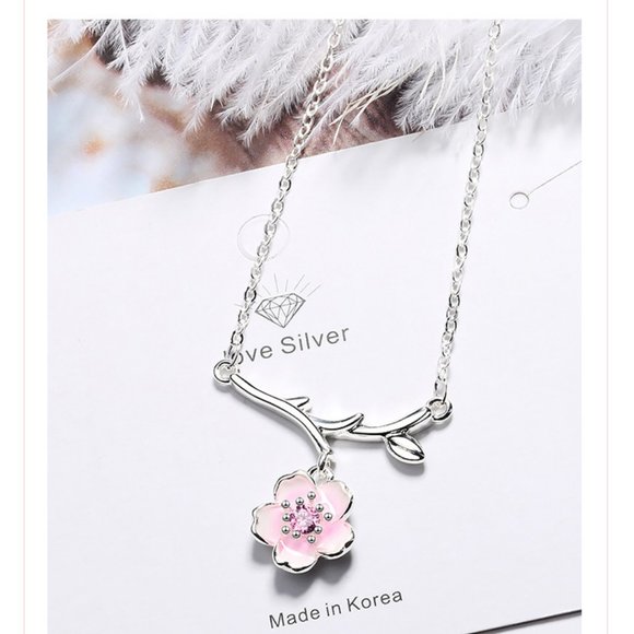 #NEW 925 Sterling Silver Pink White Diamond Cherry Blossom Leaf Branch Necklace - Picture 10 of 11